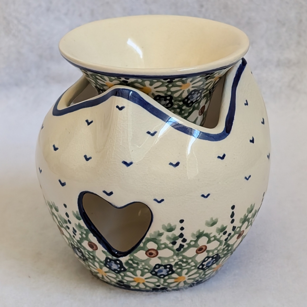 Polish Pottery 2-piece Warmer with Green, Blue, & Yellow Floral Design, Unikat
